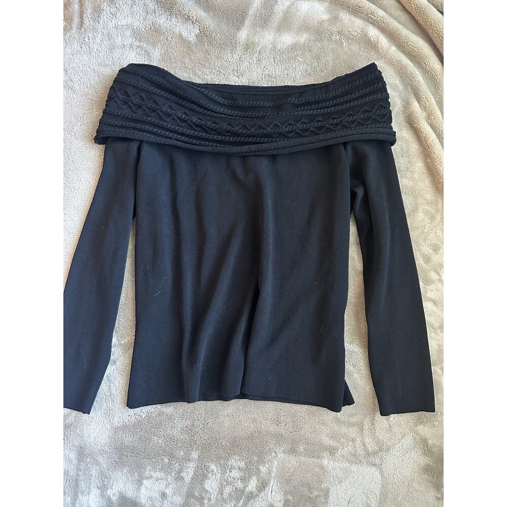 Vintage Y2K Multiples Black Off Shoulder Foldover Cable Knit Sweater Hong Kong